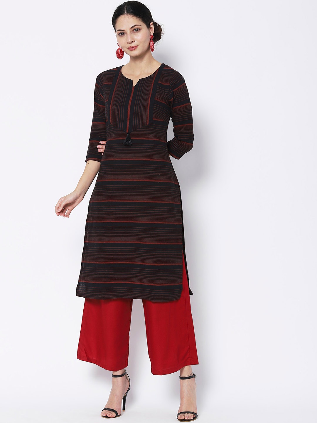 

Vedic Striped Notched Round Neck Straight Cotton Kurta, Black