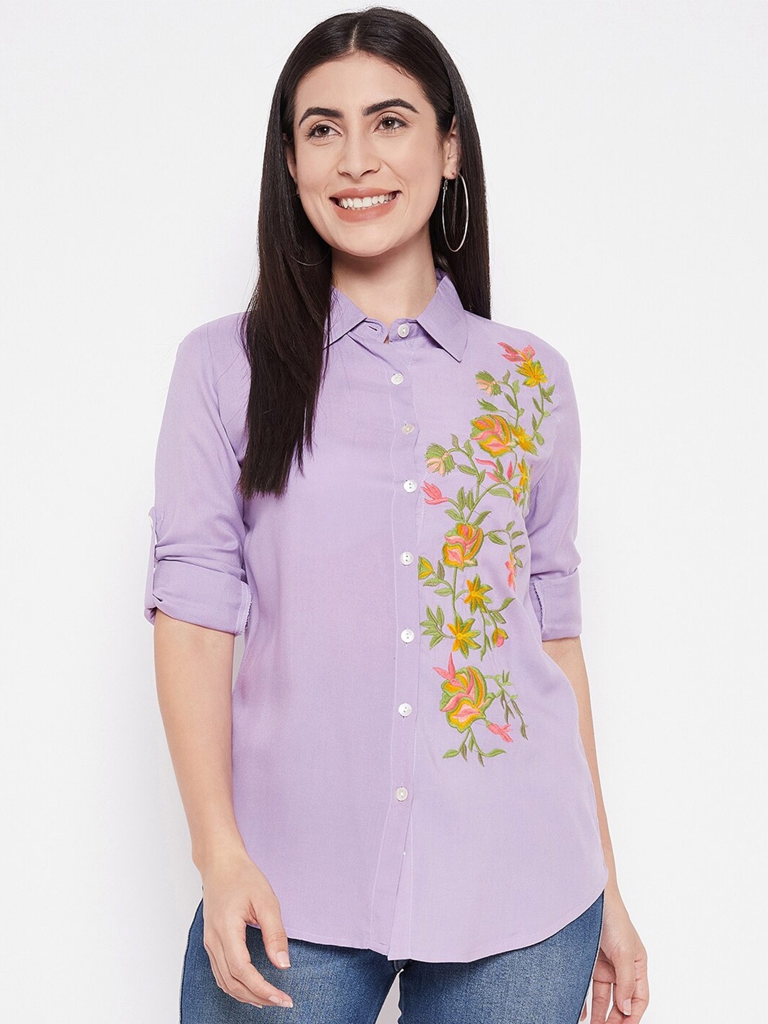 

Ruhaans Classic Floral Embroidered Casual Shirt, Purple