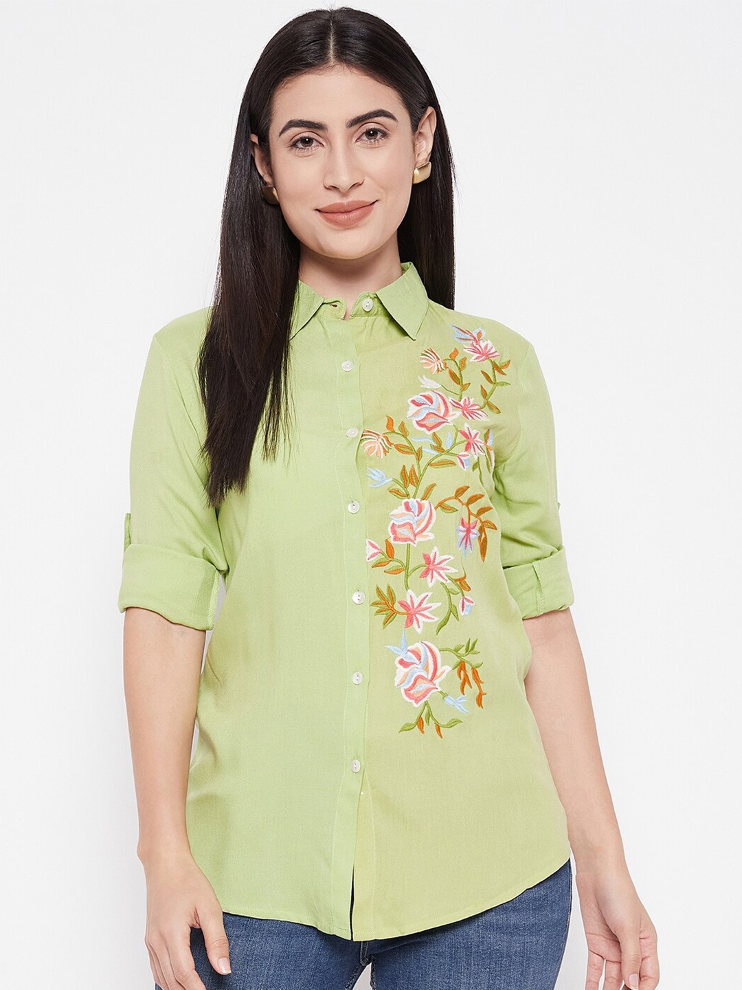 

Ruhaans Classic Floral Embroidered Casual Shirt, Green