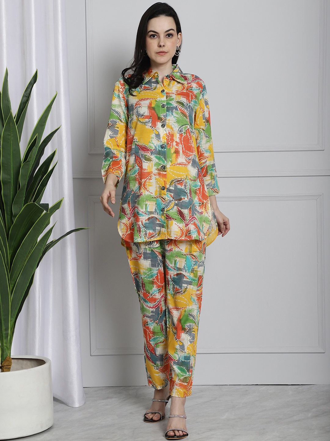 

Frempy Floral Printed Shirt Collar Shirt With Trouser, Yellow