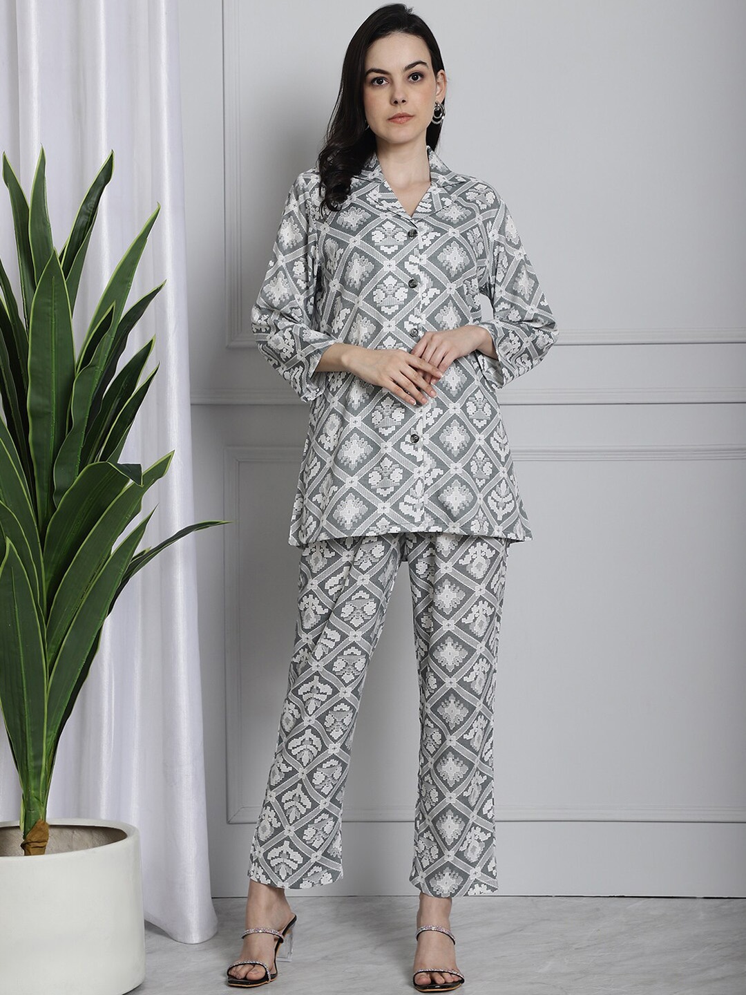 Frempy Printed Notched Lapel Collar Shirt With Trouser, Grey