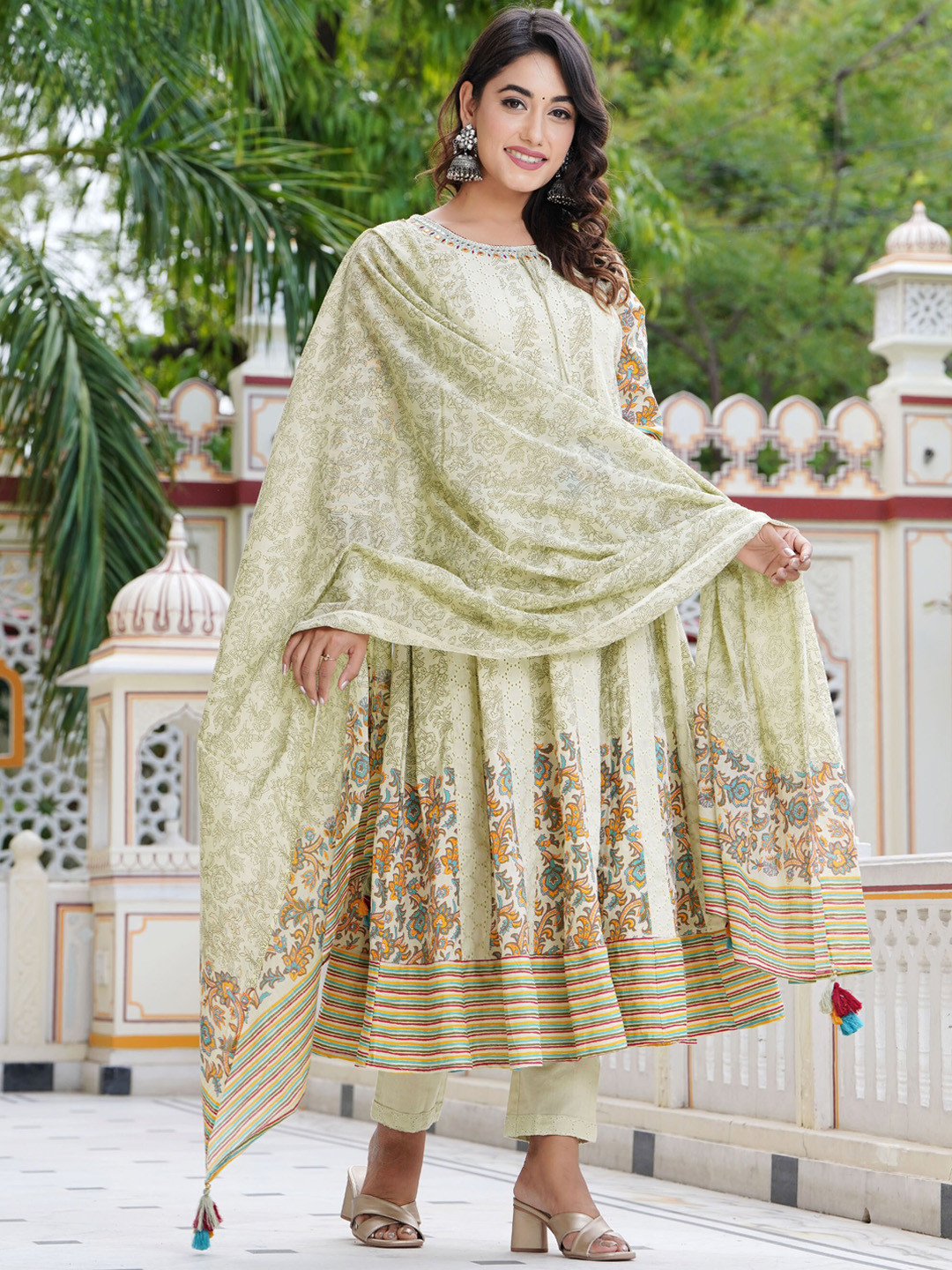 

BAESD Floral Printed Mirror Work Pure Cotton Anarkali Kurta With Trousers & Dupatta, Green