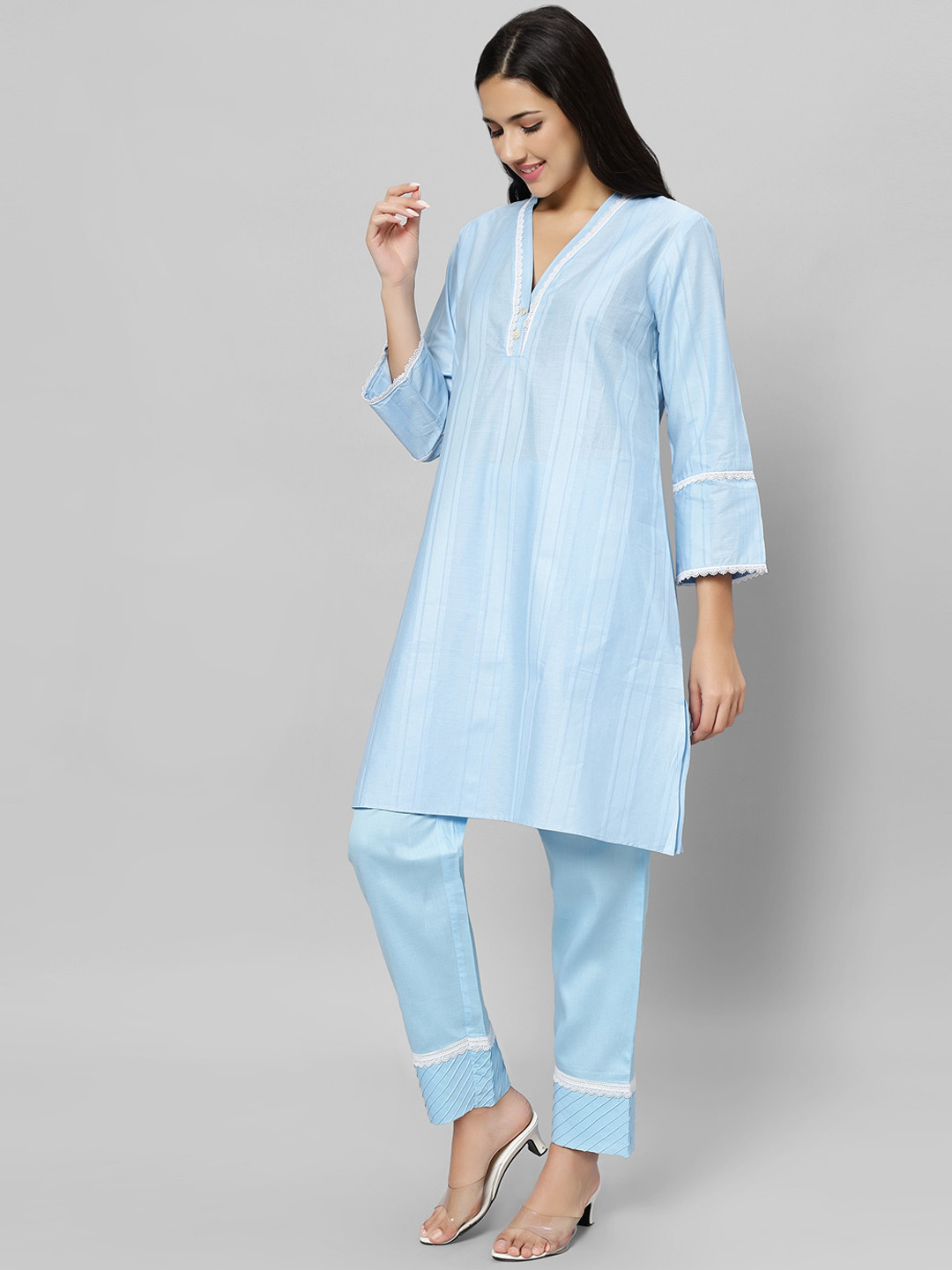 

K&U The Saffron Saga Azure Breeze Striped Lace Inserts Straight Kurta With Trouser, Blue