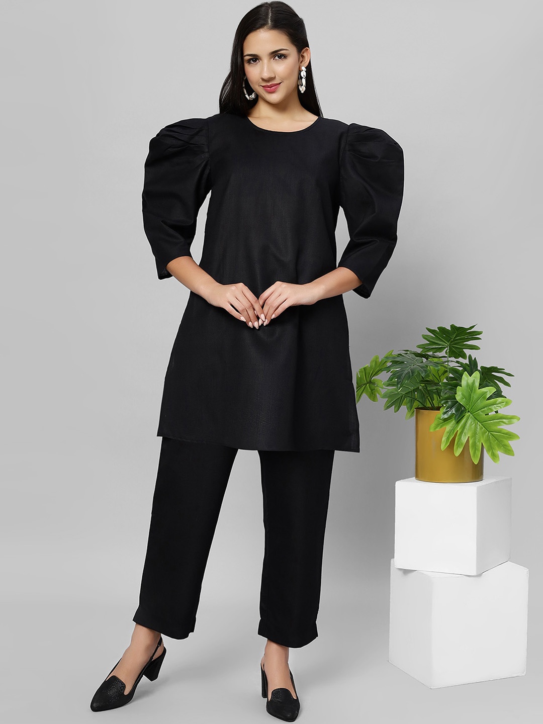 

K&U The Saffron Saga Noir Chic Puff Sleeves Pure Cotton A-Line Kurta With Trouser, Black
