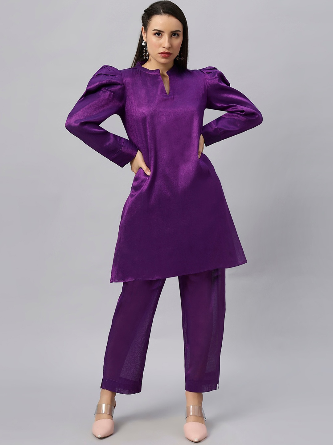 

K&U The Saffron Saga Regal Amethyst Puff Sleeves Silk Tissue Kurta With Trouser, Purple