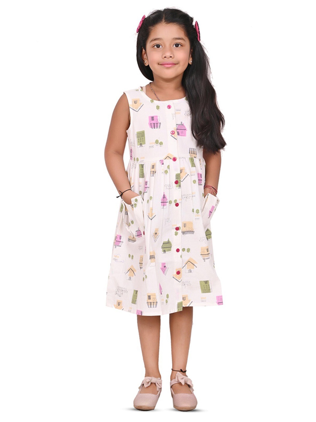 

BAESD Girls Conversational Printed A-Line Cotton Dress, White