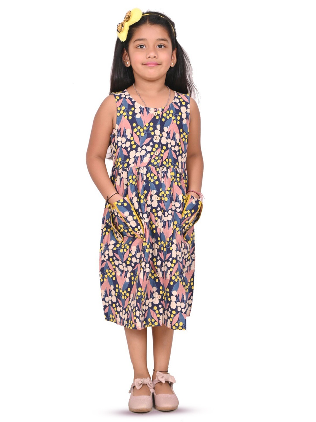 

BAESD Girls Floral Printed Gathered Cotton A-Line Dress, Yellow