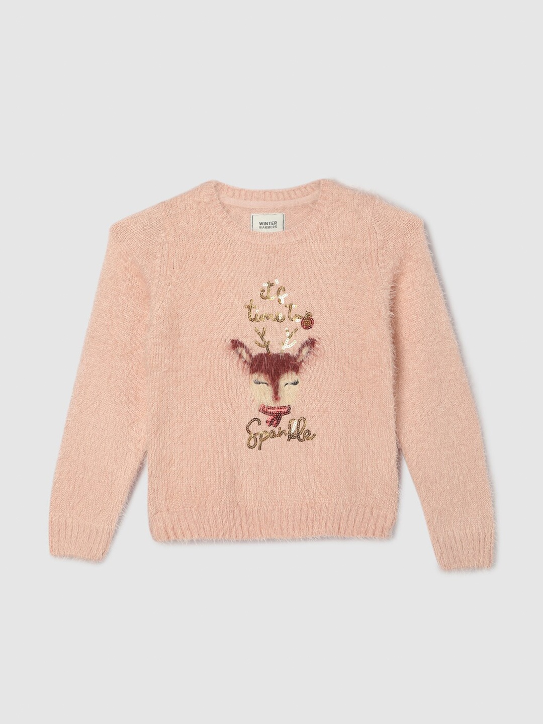 

max Girls Self Design Round Neck Pullover, Peach