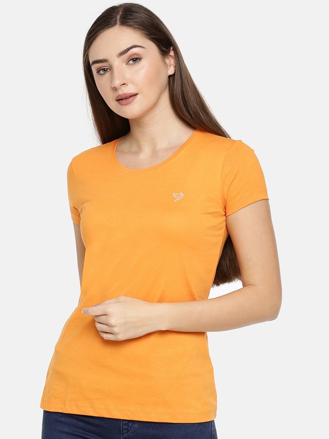 

TWIN BIRDS Slim Fit Round Neck Pure Cotton T-shirt, Orange