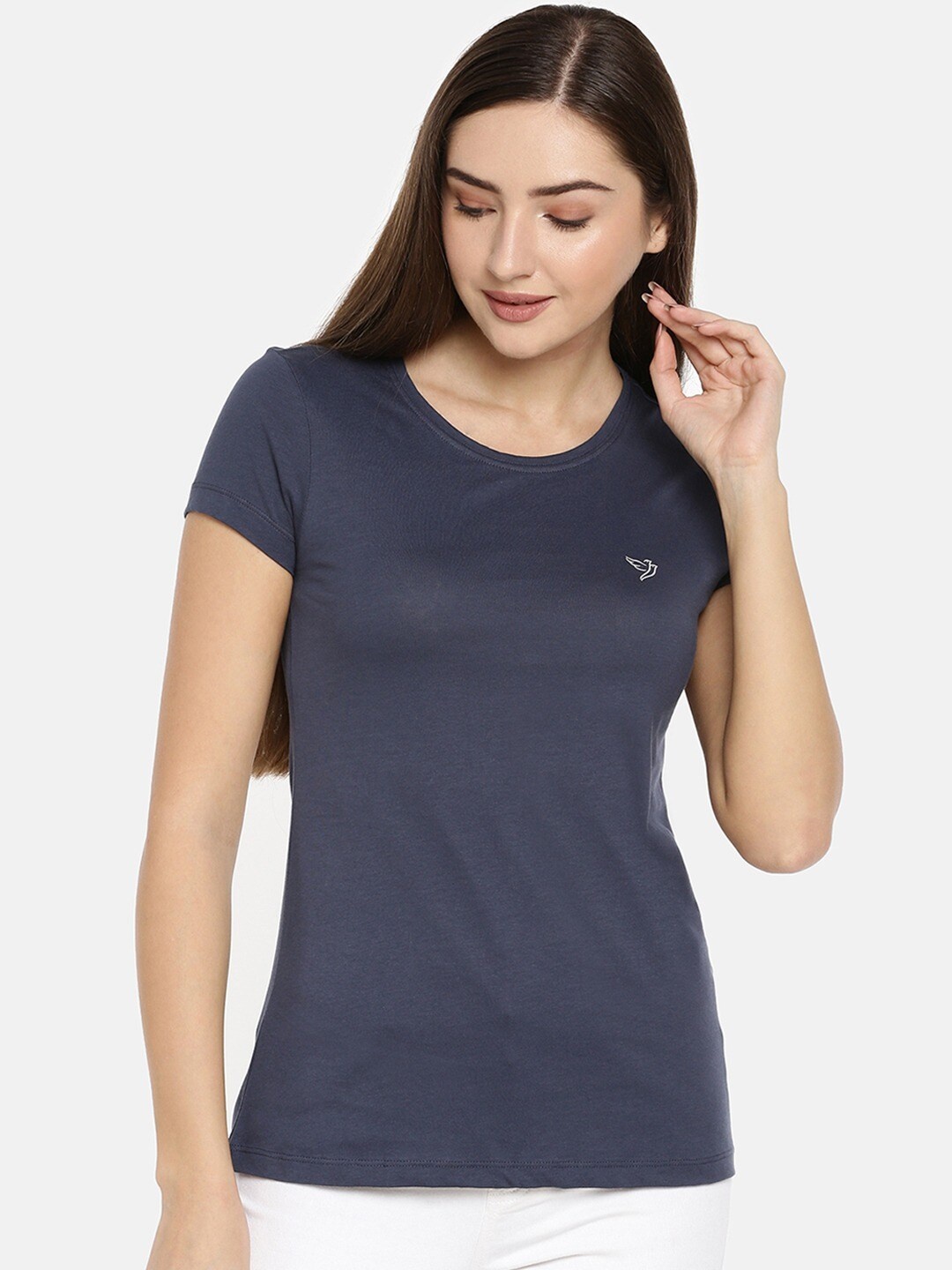 

TWIN BIRDS Slim Fit Round Neck Pure Cotton T-shirt, Navy blue