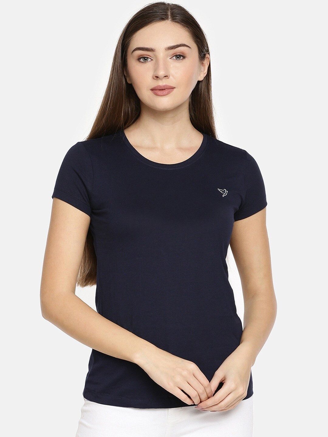 

TWIN BIRDS Slim Fit Round Neck Pure Cotton T-shirt, Navy blue