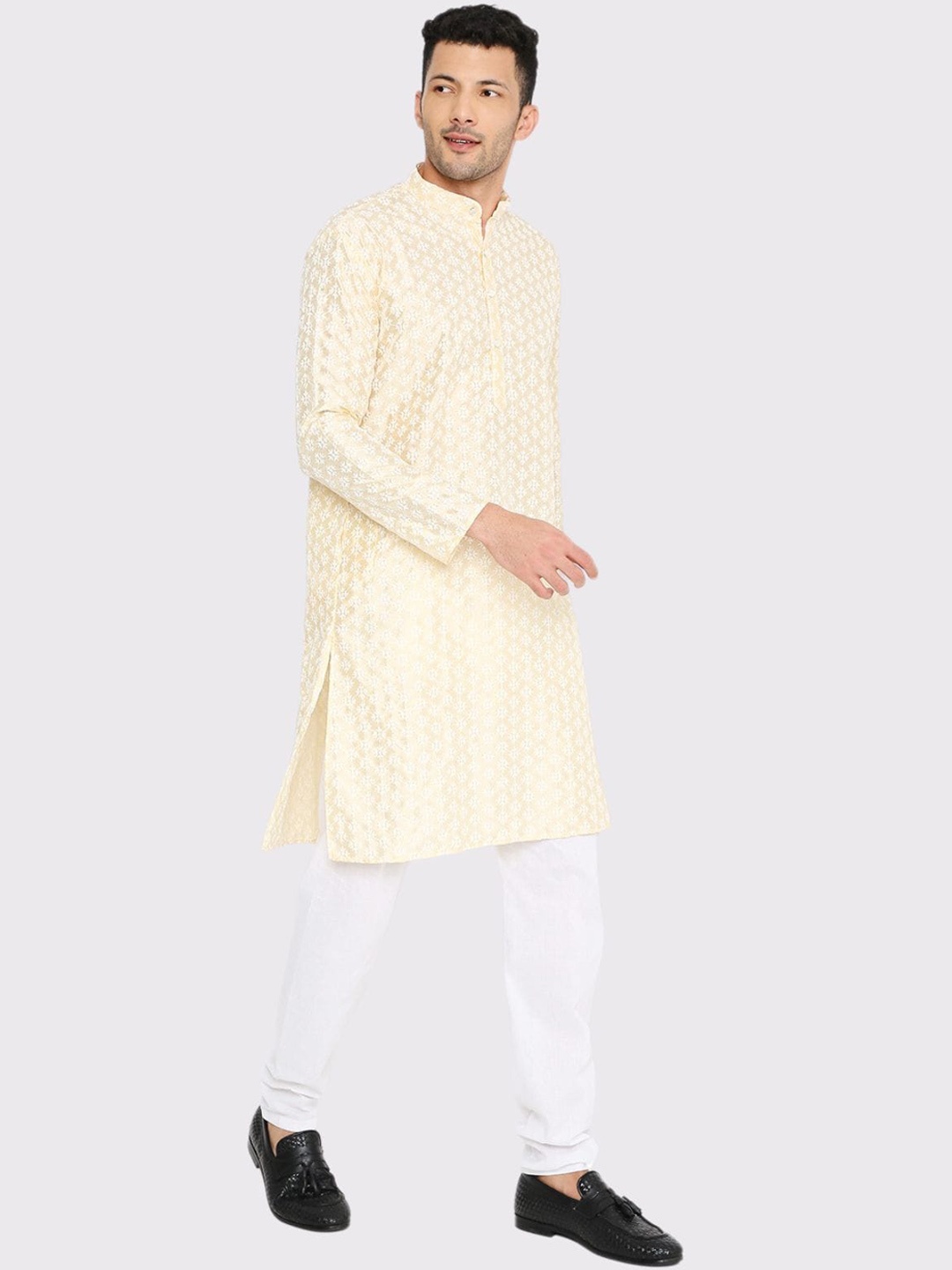 

Maharaja Floral Embroidered Band Collar Banarasi Silk Straight Kurta, Off white