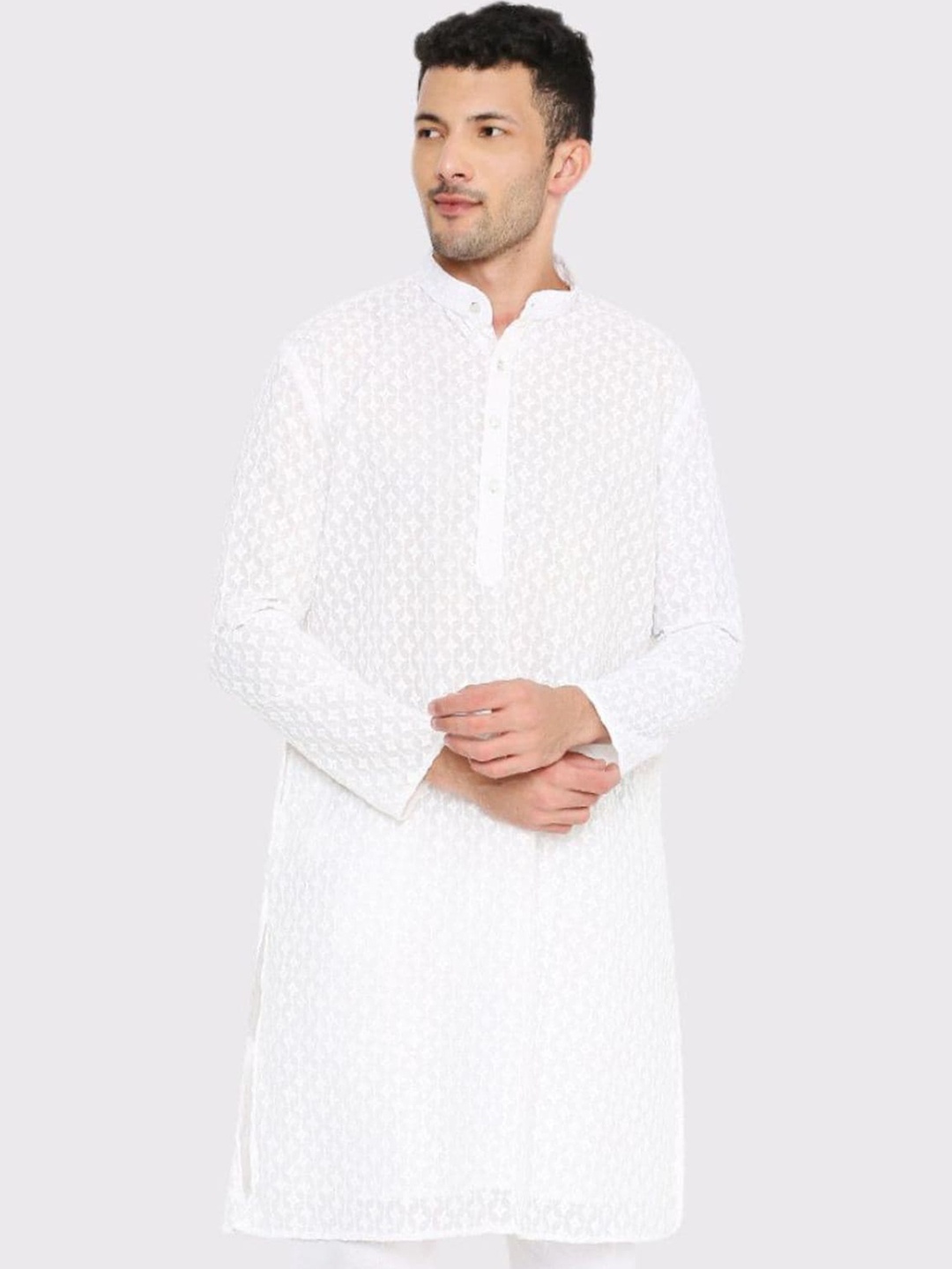

Maharaja Ethnic Motifs Embroidered Band Collar Regular Thread Work Georgette Kurta, White