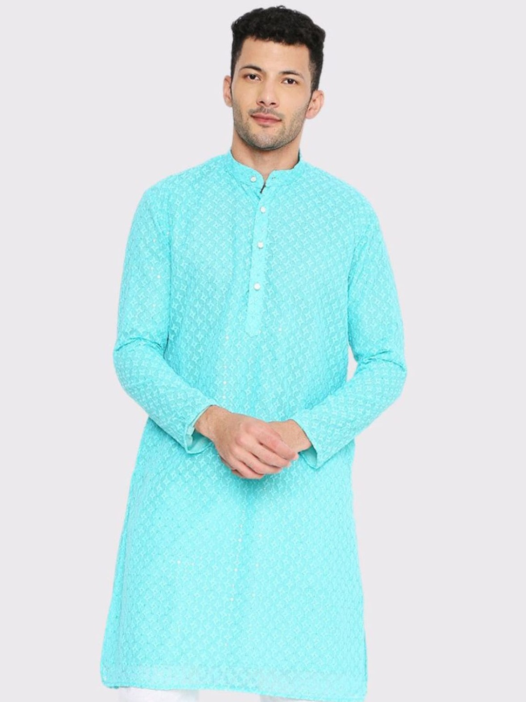 

Maharaja Floral Embroidered Band Collar Georgette Straight Kurta, Teal