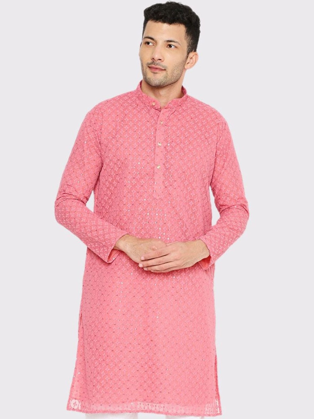 

Maharaja Ethnic Motifs Embroidered Band Collar Regular Sequined Georgette Kurta, Pink