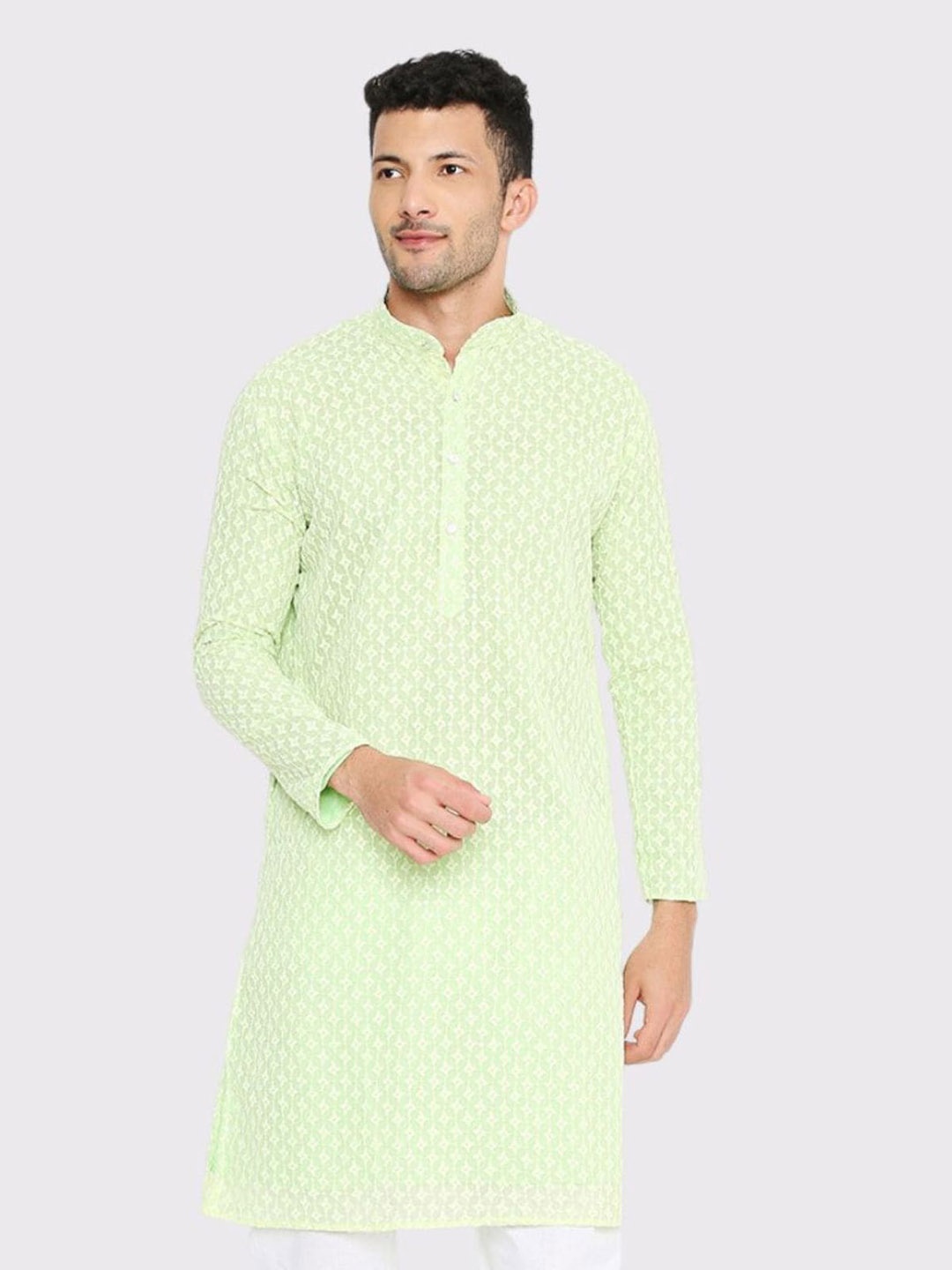 

Maharaja Embroidered Band Collar Georgette Kurta, Lime green