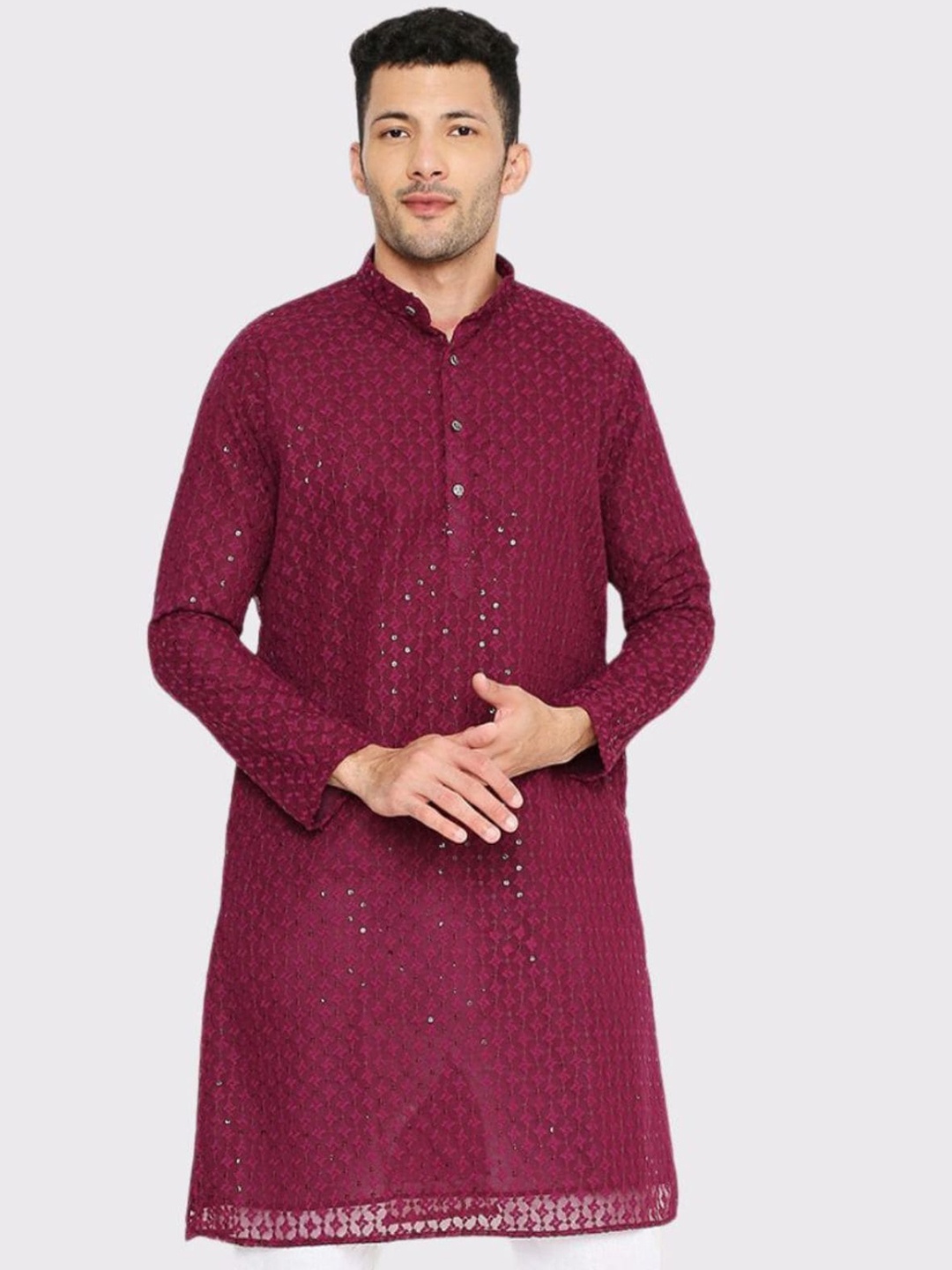 

Maharaja Ethnic Motifs Embroidered Band Collar Regular Sequined Georgette Kurta, Maroon
