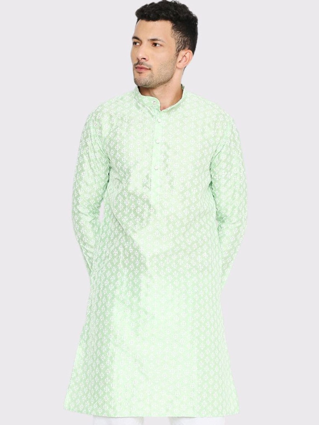 

Maharaja Ethnic Motifs Embroidered Raw Silk Kurta, Lime green