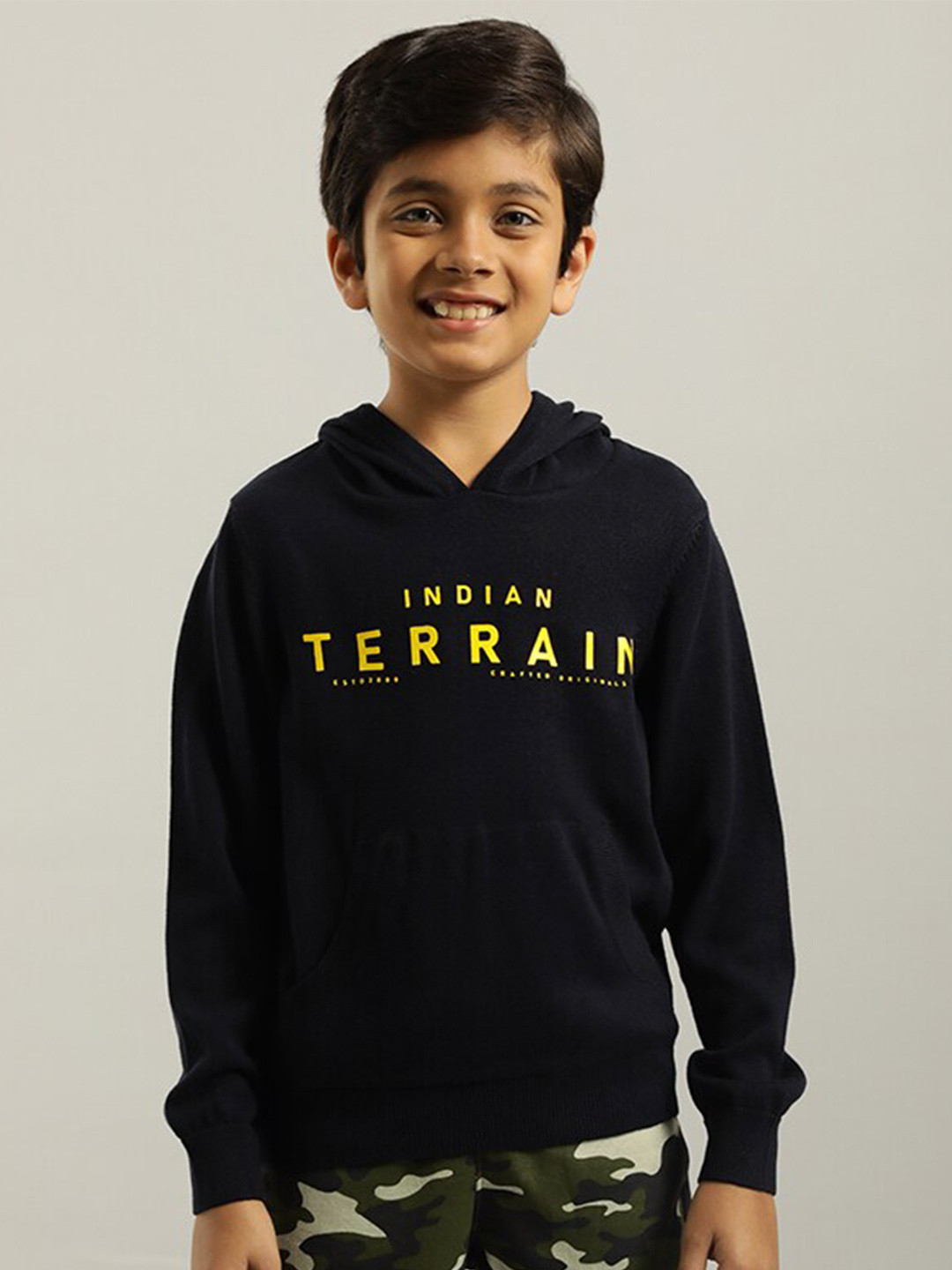 

Indian Terrain Boys Typography Printed Hooded Pure Cotton Sweatshirt, Navy blue