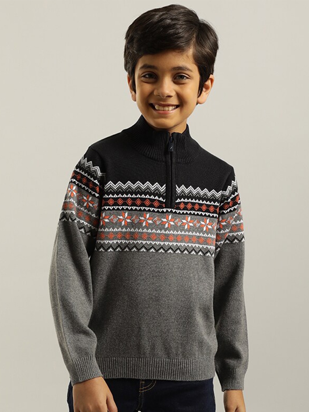 

Indian Terrain Boys Fair Isle Printed Mock Collar Half Zipper Pure Cotton Pullover Sweater, Grey