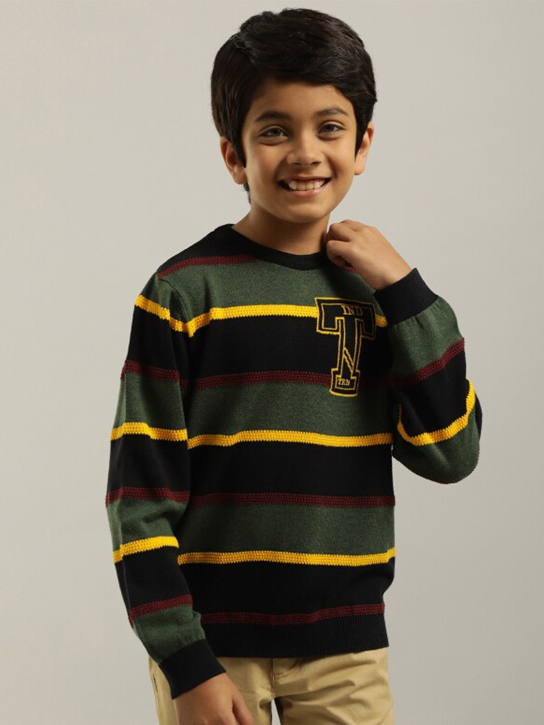 

Indian Terrain Boys Striped Pure Cotton Pullover, Green