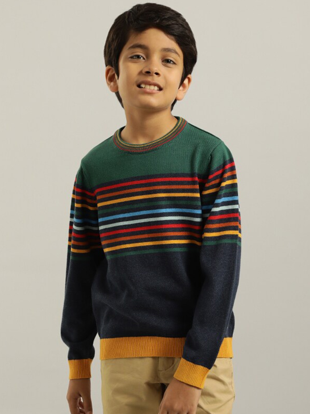 

Indian Terrain Boys Striped Pure Cotton Pullover Sweater, Green