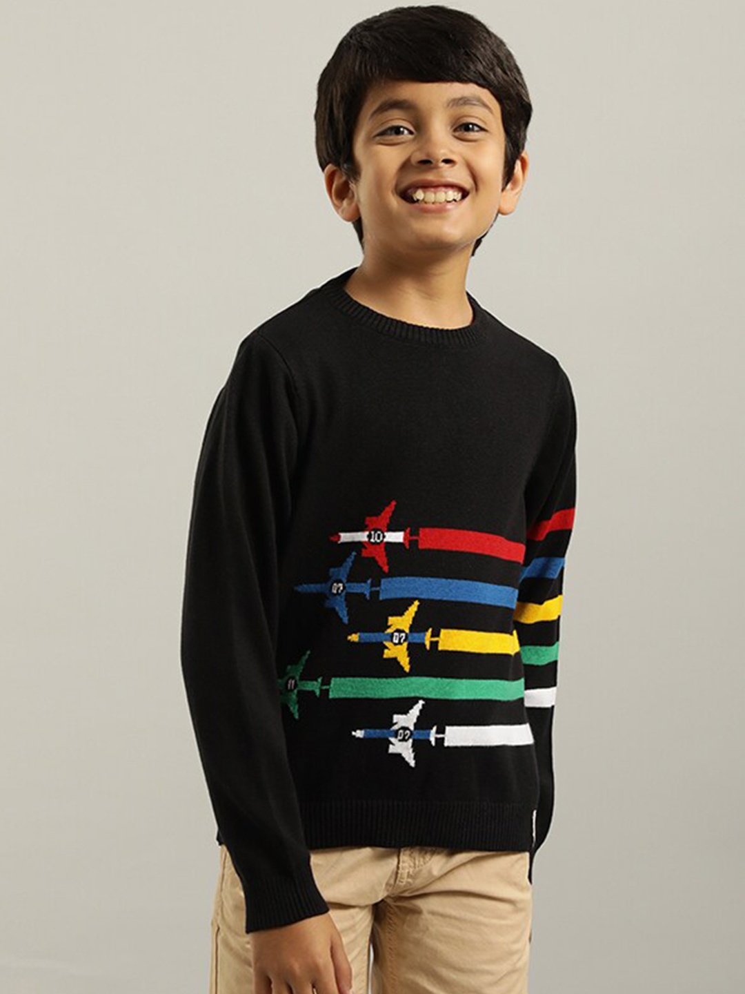 

Indian Terrain Boys Graphic Printed Round Neck Pure Cotton Pullover Sweater, Black