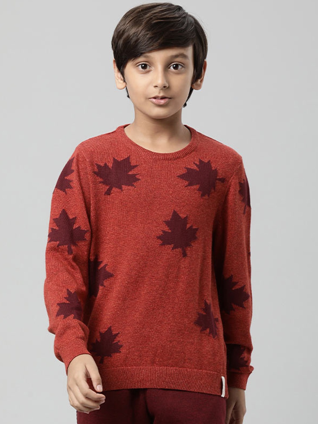 

Indian Terrain Boys Floral Printed Pure Cotton Pullover Sweater, Orange