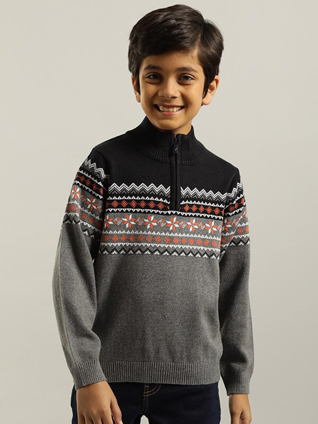 

Indian Terrain Boys Geometric Printed Stand Collar Pure Cotton Pullover, Grey