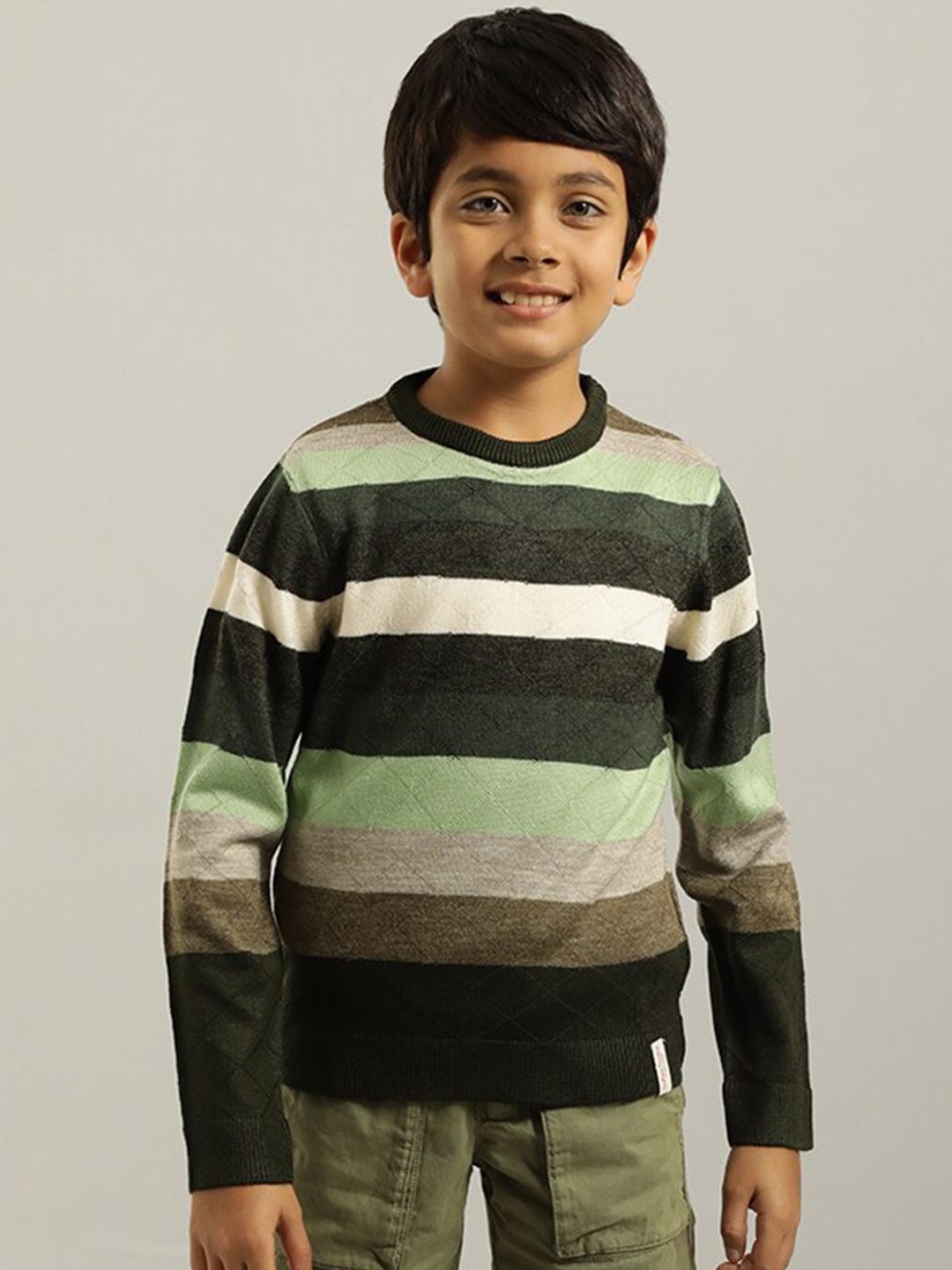 

Indian Terrain Boys Striped Pure Acrylic Pullover Sweater, Green
