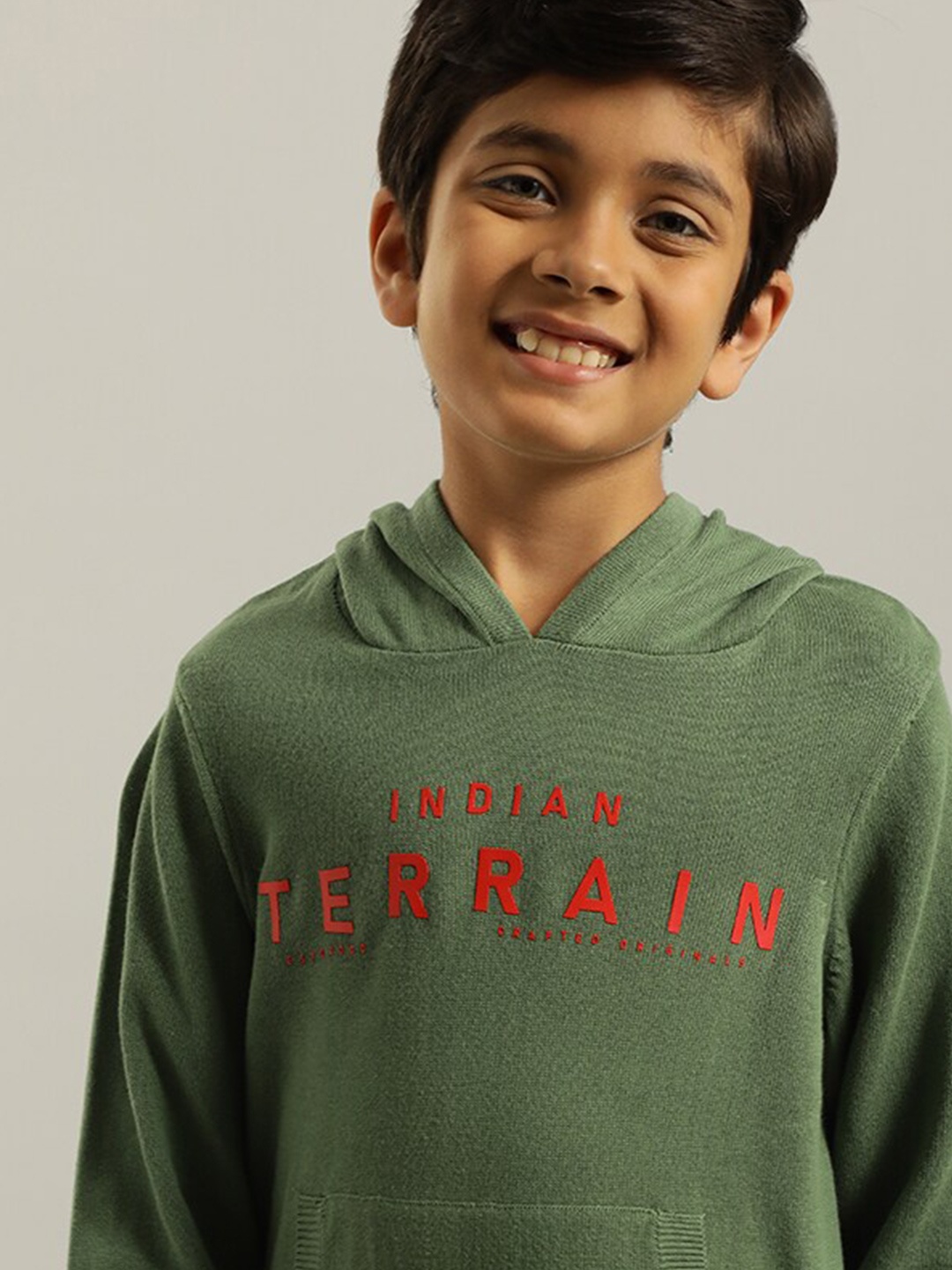 

Indian Terrain Boys Typography Printed Hooded Pure Cotton Sweater, Green