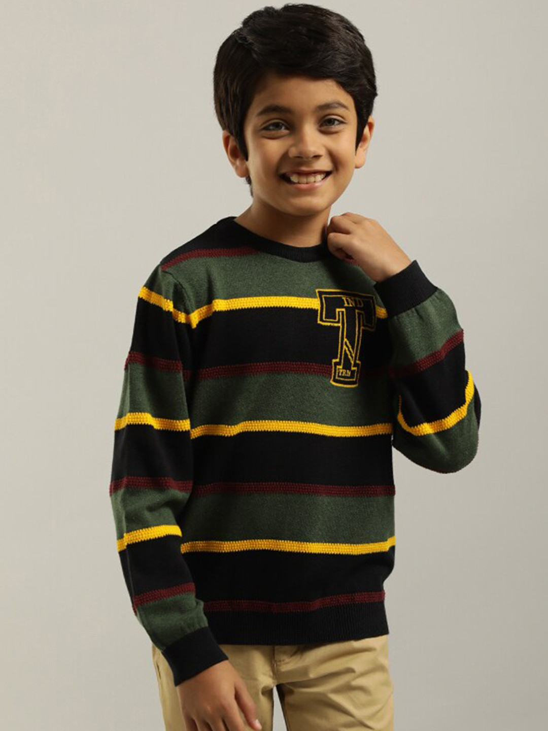 

Indian Terrain Boys Striped Round Neck Pure Cotton Pullover Sweater, Green