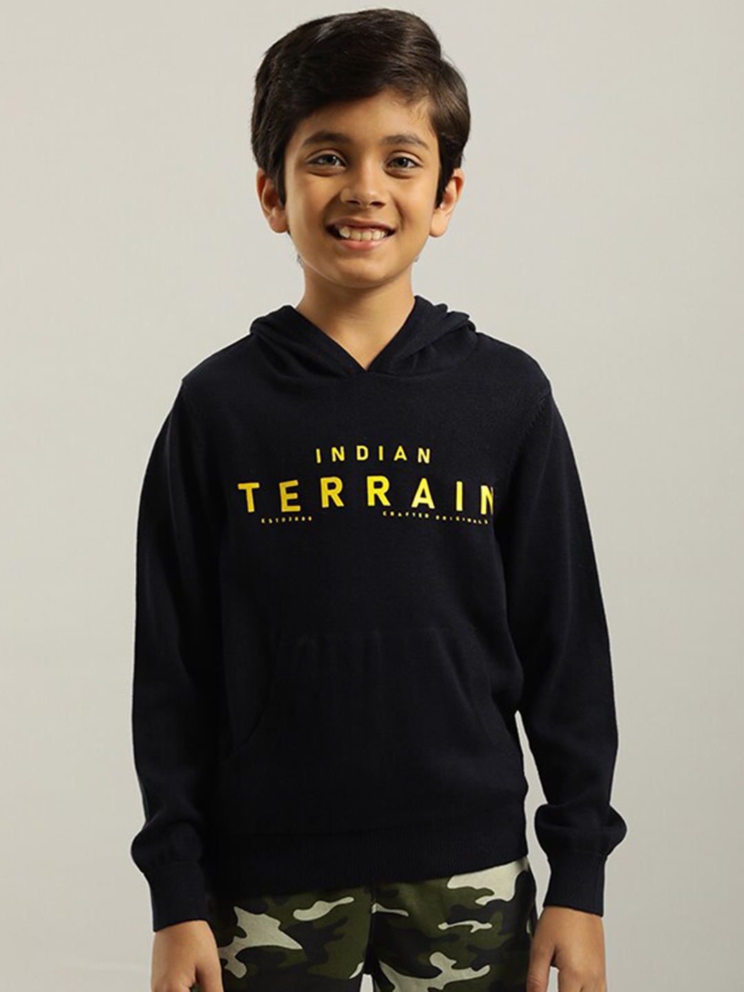 

Indian Terrain Boys Typography Printed Hooded Pure Cotton Sweatshirt, Navy blue