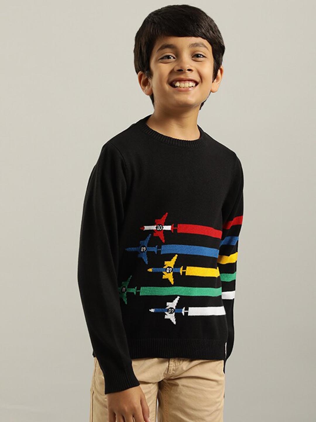 

Indian Terrain Boys Striped Pure Cotton Pullover Sweater, Black