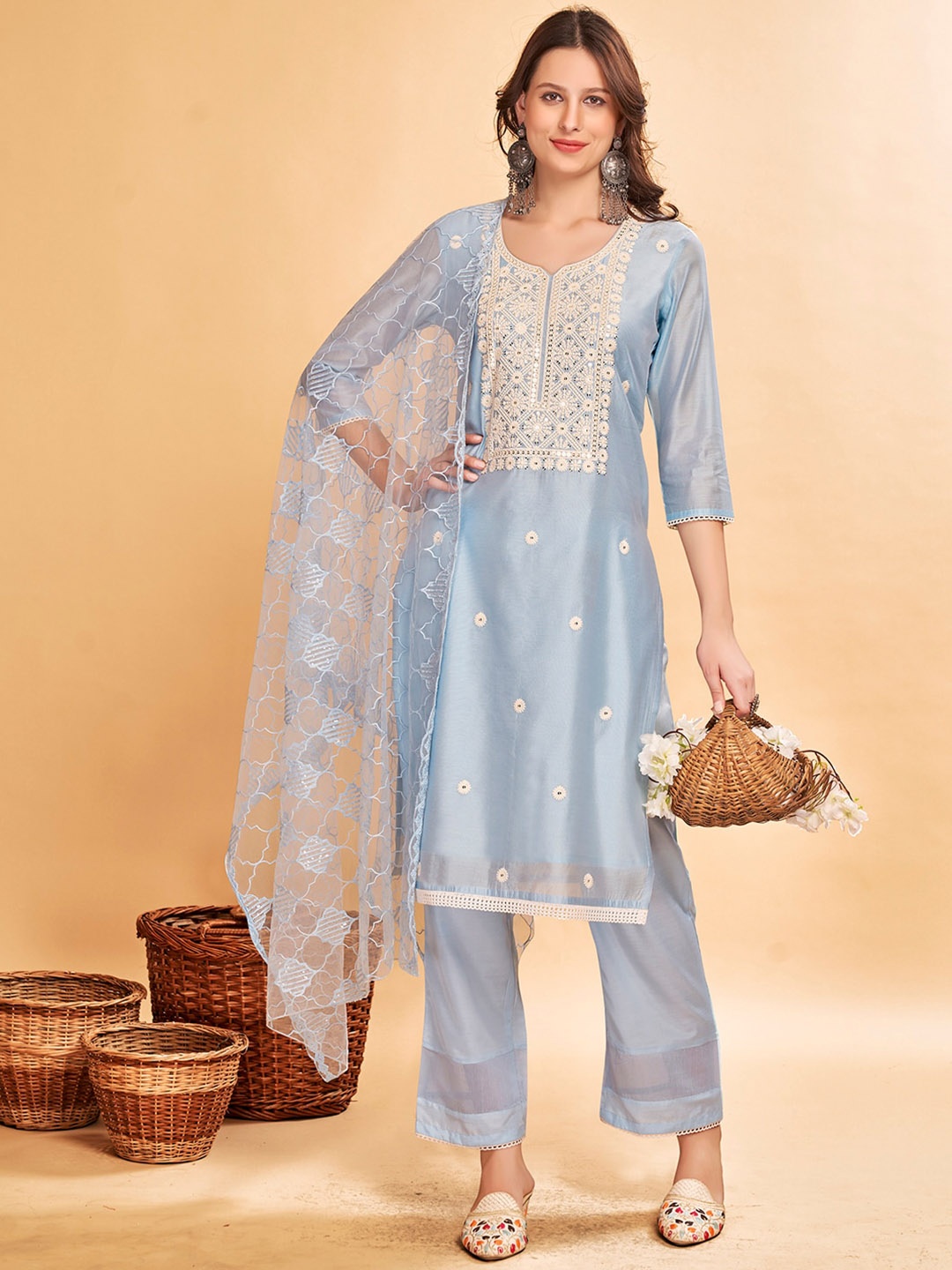 

Anouk Blue Floral Embroidered Chanderi Cotton Kurta With Trousers & Dupatta