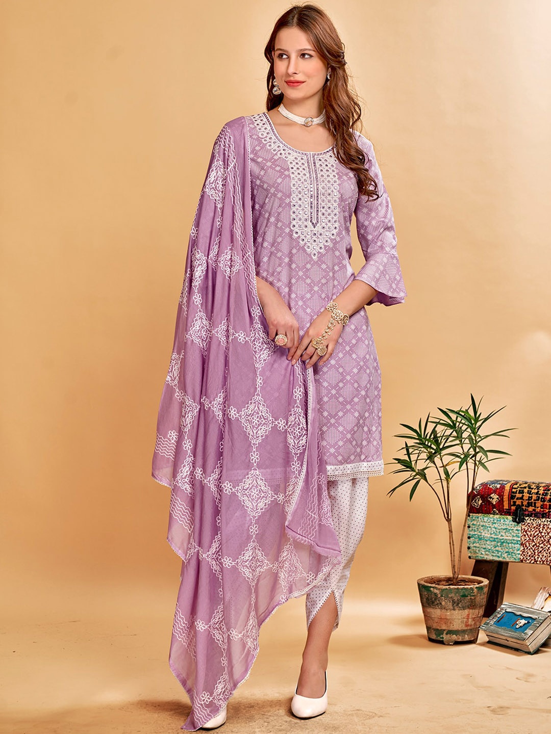 

Anouk Pink Ethnic Motifs Embroidered Kurta With Dhoti Pants & Dupatta