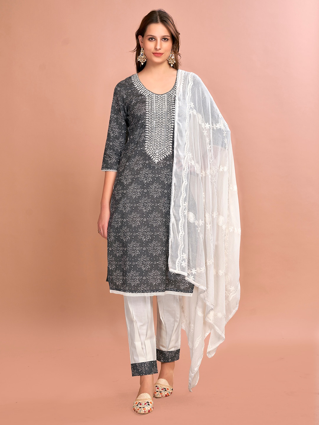 

Anouk Grey Ethnic Motifs Embroidered Pure Cotton Kurta With Trousers & Dupatta