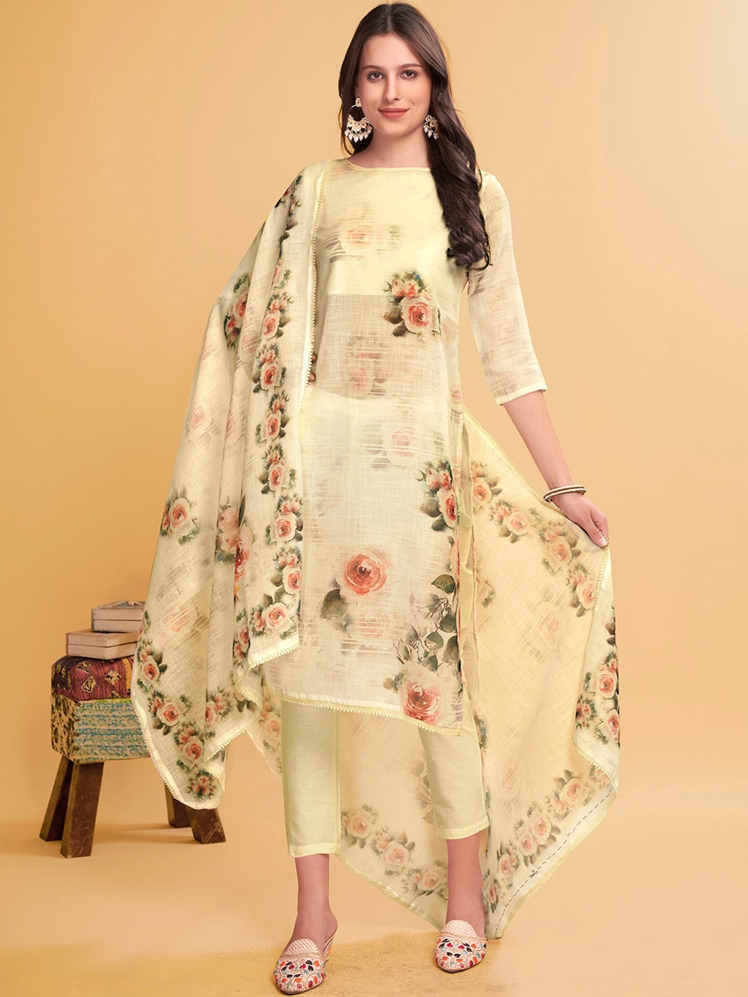 

Anouk Floral Printed Regular Linen Kurta with Trousers & Dupatta, Cream