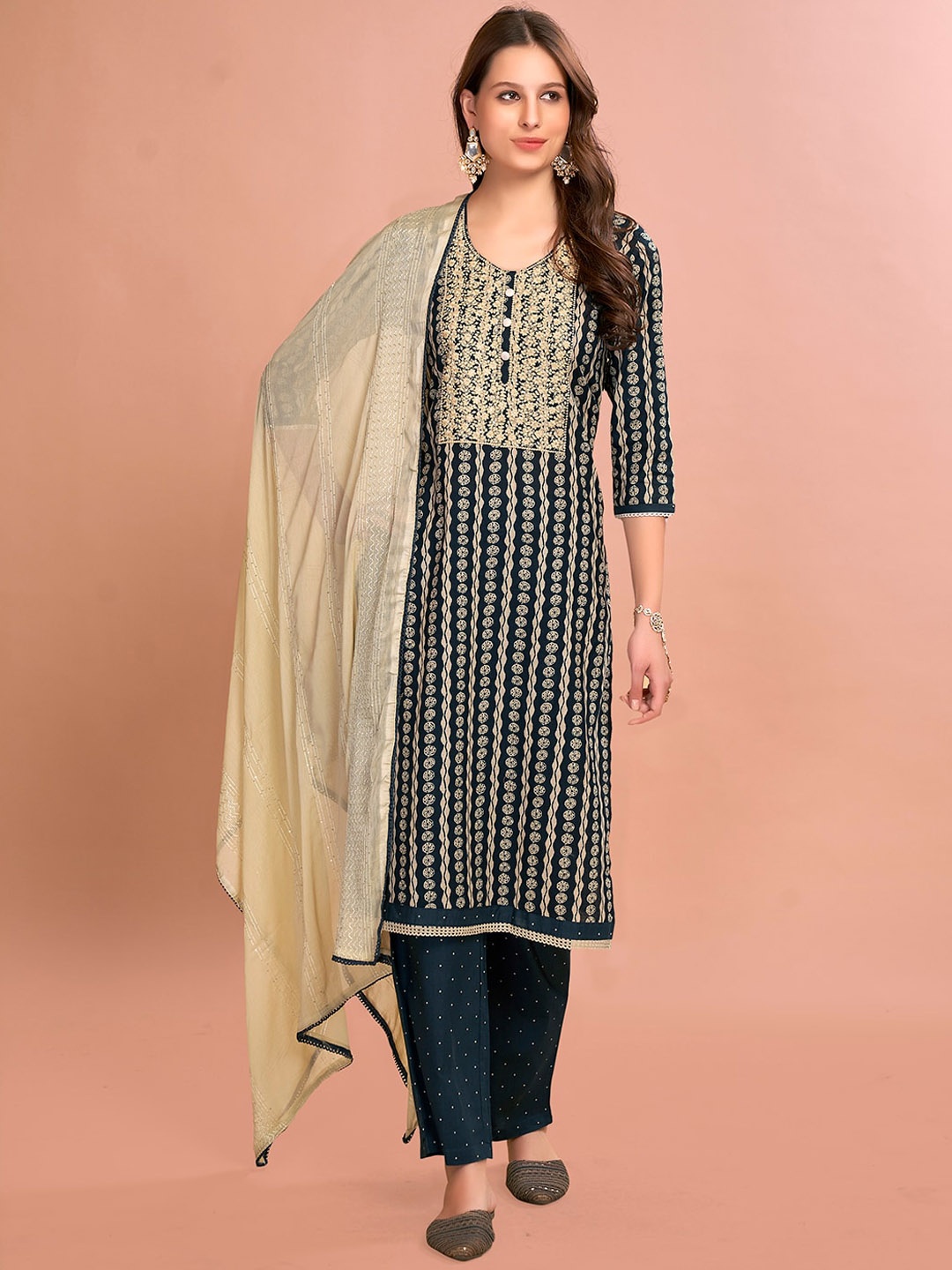 

Anouk Ethnic Motifs Printed Regular Thread Work Pure Cotton Kurta with Pyjamas & Dupatta, Black