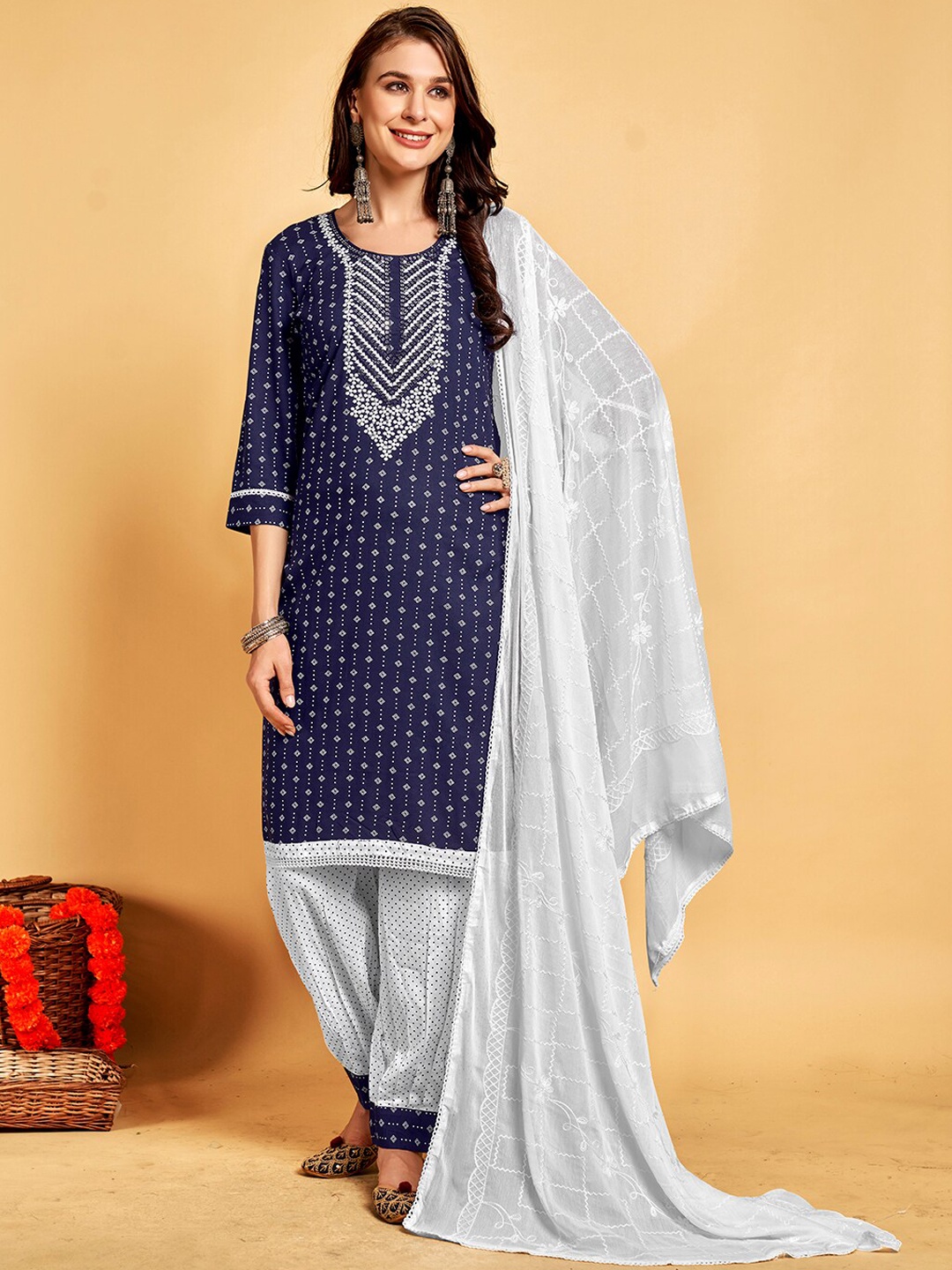

Anouk Navy Blue Geometric Printed Thread Work Sequined Kurta With Salwar & Dupatta