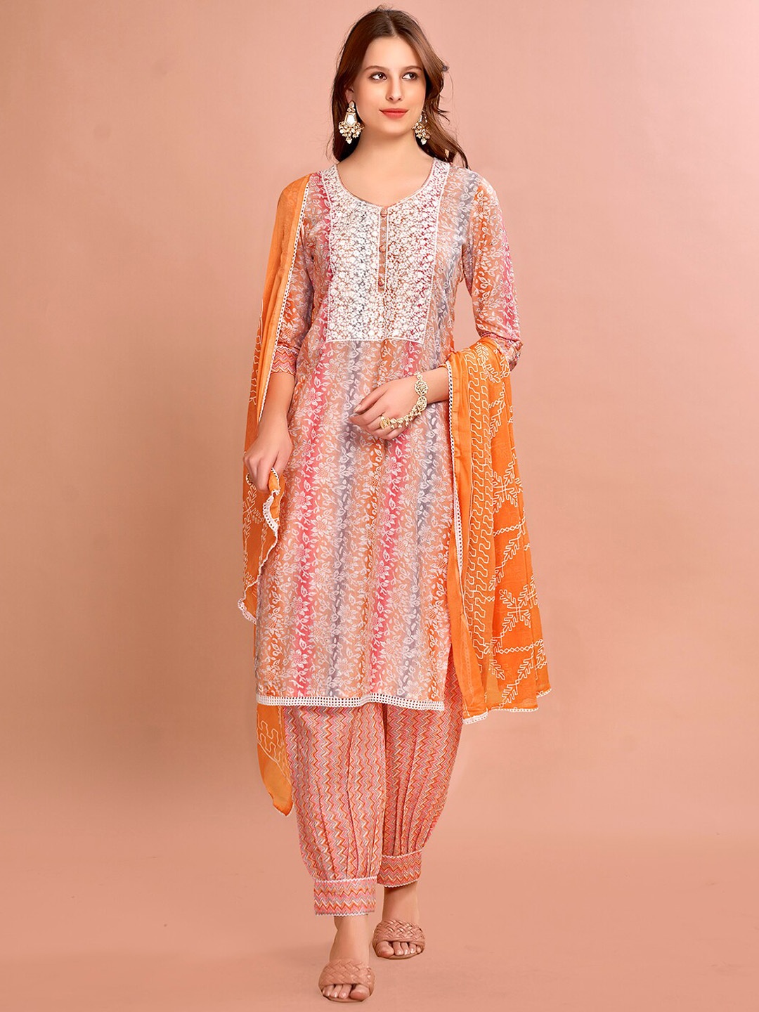 

Anouk Orange Floral Printed Thread Work Pure Cotton Straight Kurta With Salwar & Dupatta