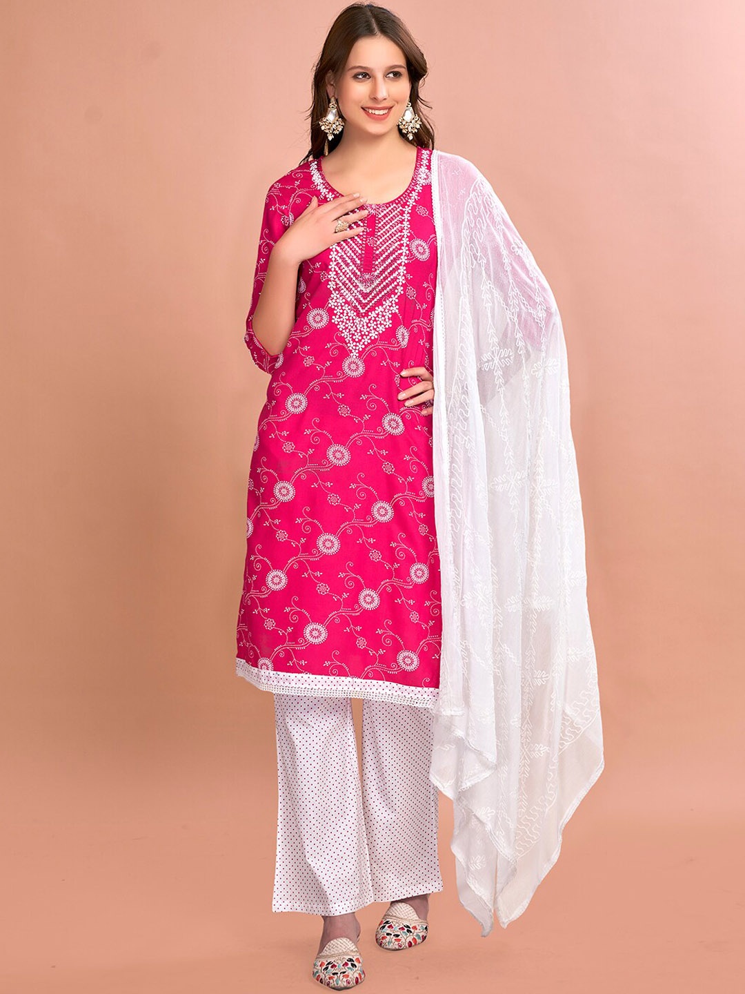 

Anouk Pink Floral Printed Thread Work Sequined Straight Kurta With Palazzo & Dupatta