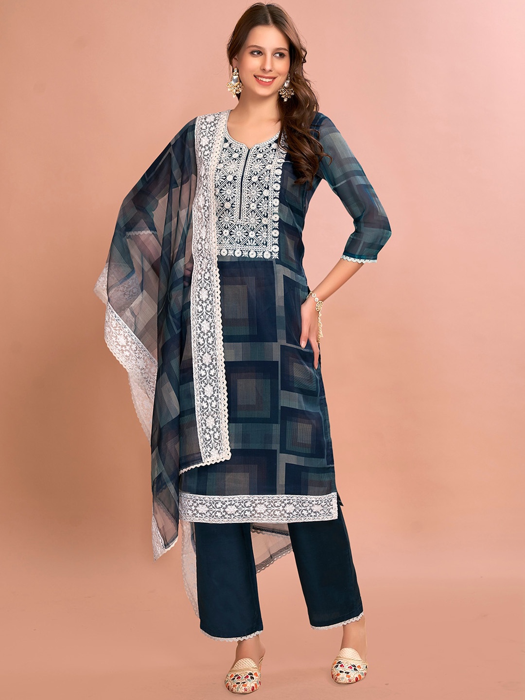 

Anouk Navy Blue Ethnic Motifs Printed Thread Work Kurta With Trousers & Dupatta