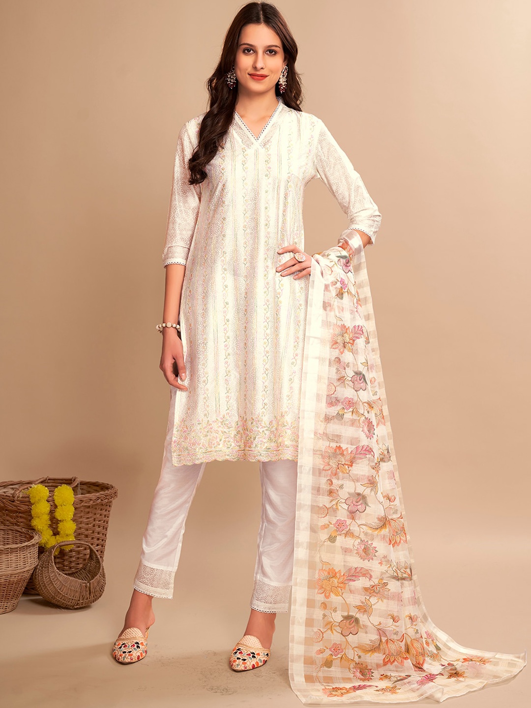 

Anouk White Floral Printed Sequinned Chanderi Cotton Kurta With Trousers & Dupatta