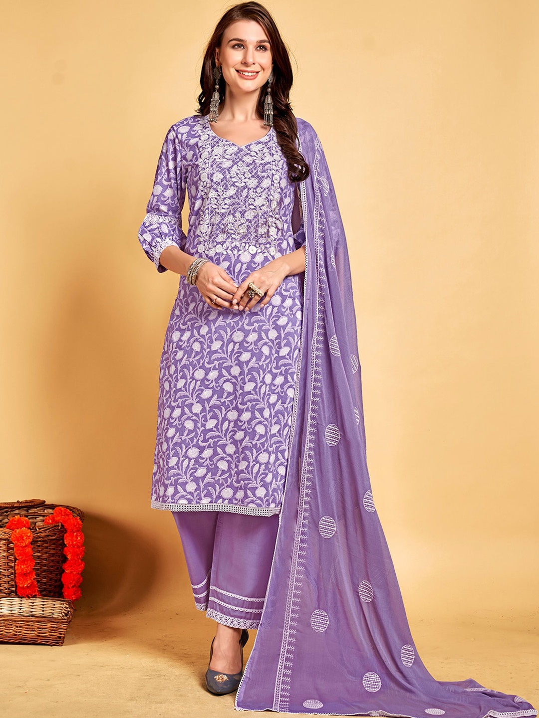 

Anouk Lavender Floral Printed Sequinned Pure Cotton Kurta With Palazzos & Dupatta