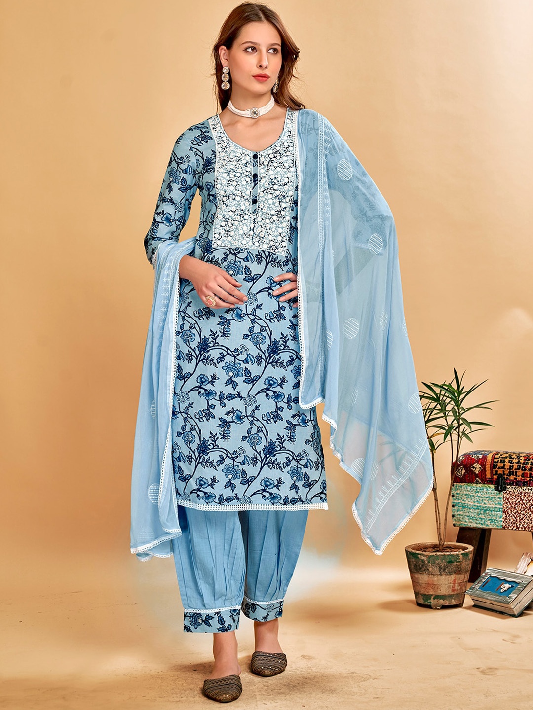 Anouk Blue Floral Printed Regular Thread Work Pure Cotton Kurta with Harem Pants & Dupatta