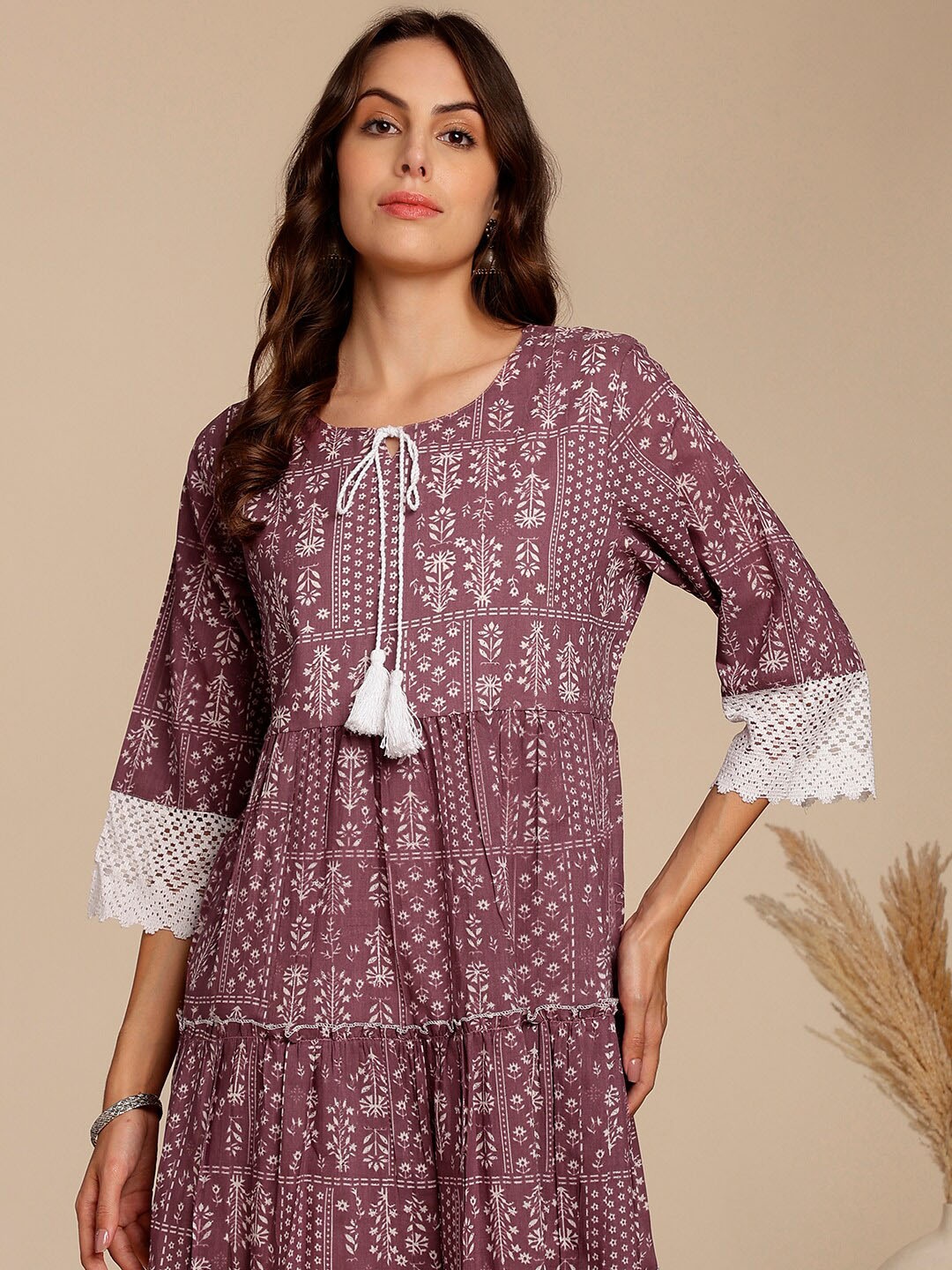 

Anouk Purple Floral Printed A-Line Pure Cotton Ethnic Dress