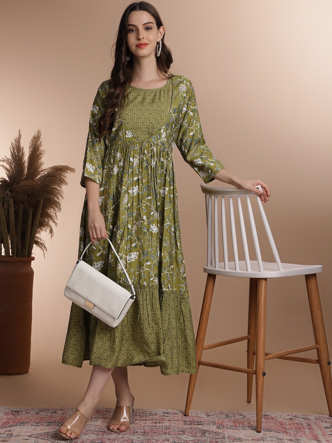 

Anouk Lime Green Floral Printed Tiered Pure Cotton Fit and Flare Midi Ethnic Dress