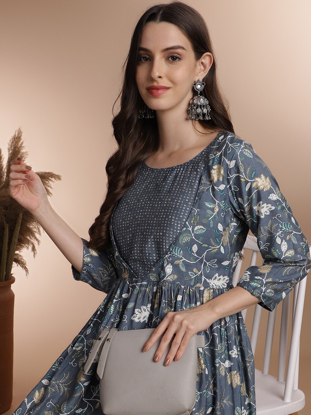 

Anouk Grey Floral Printed Pure Cotton Maxi Ethnic Dress
