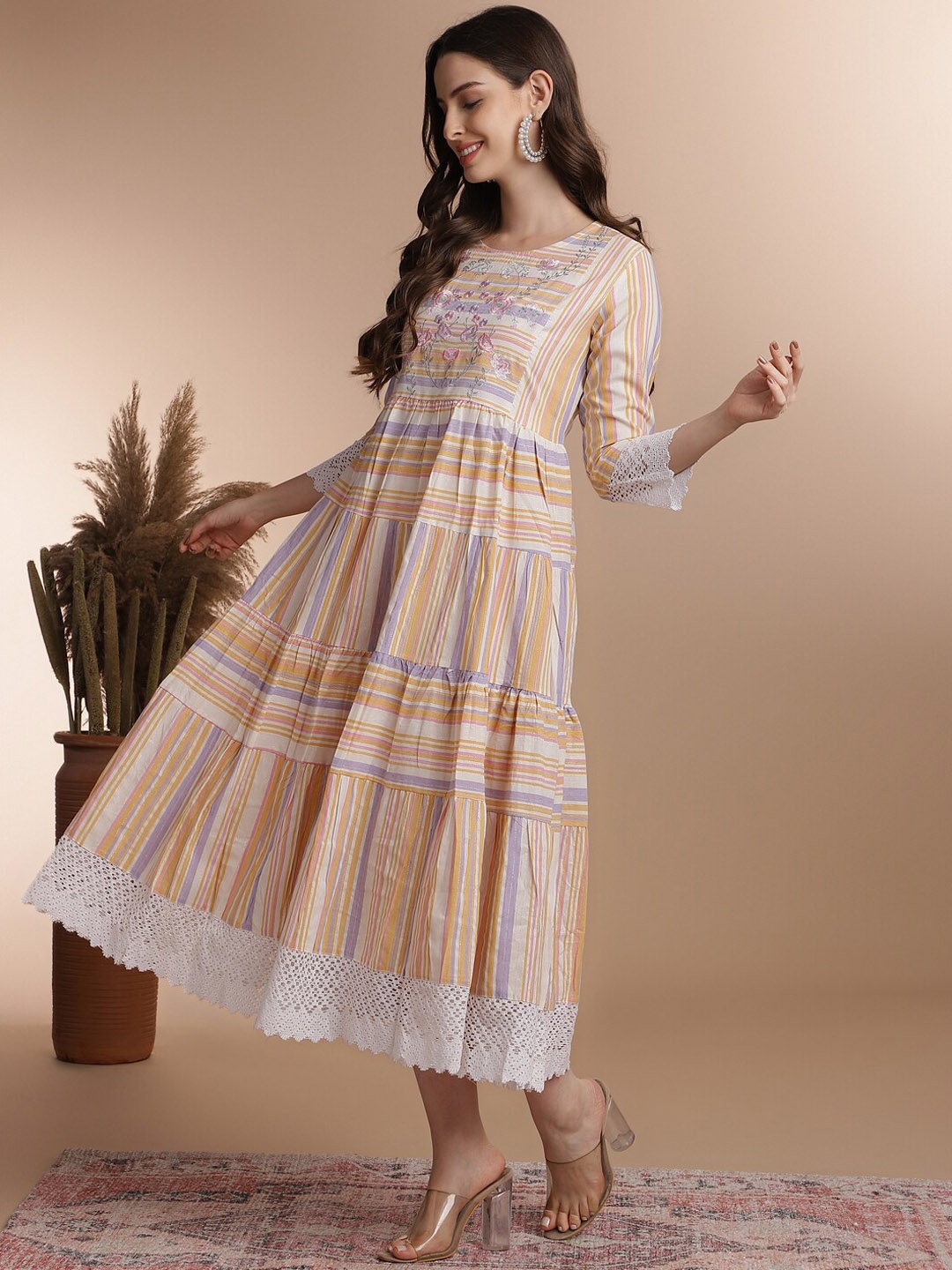 

Anouk Yellow Floral Embroidered Tiered Pure Cotton Fit and Flare Midi Ethnic Dress